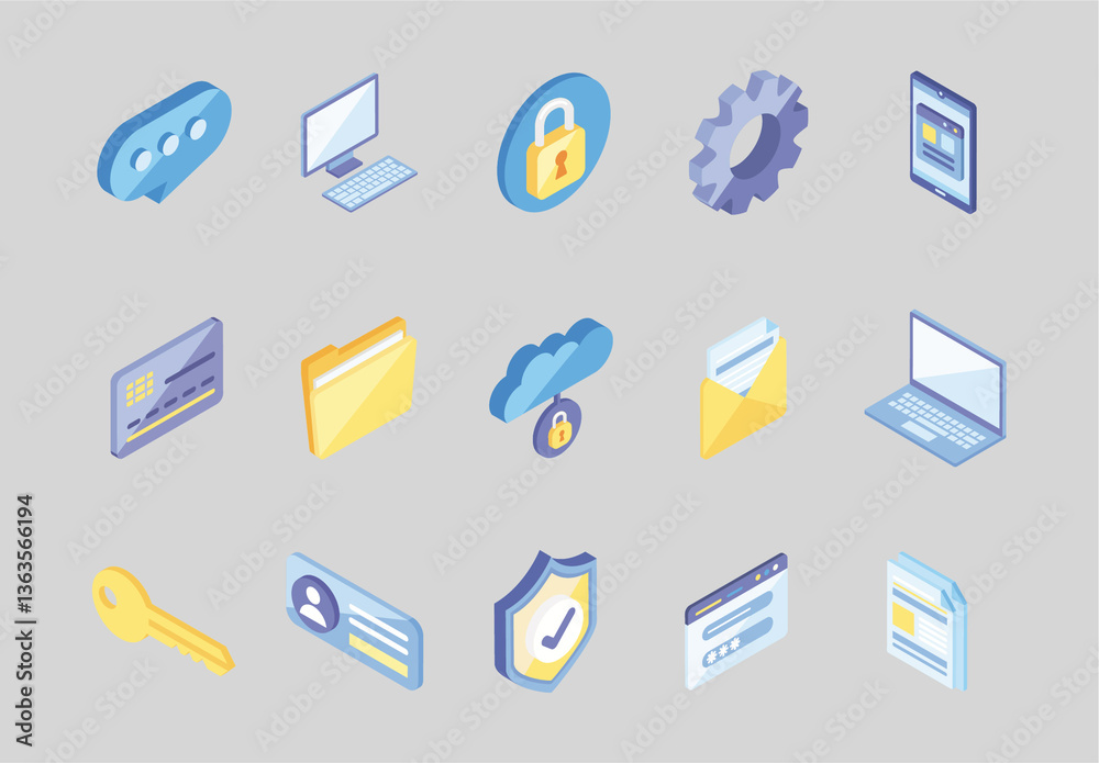 Blue And Yellow Cyber Security Network Encryption System Icons Set ...