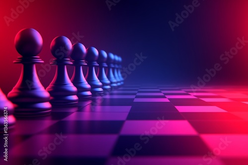 A line of chess pawns on a brightly colored board