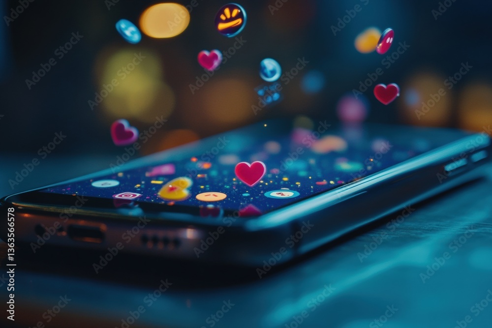 Close up of a smartphone displaying vibrant social media icons and hearts Generative AI