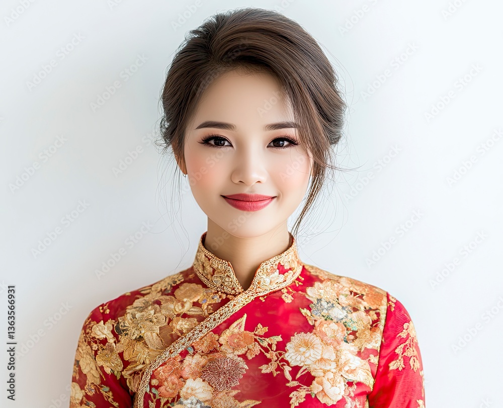 Smiling Asian Woman in Traditional Dress Portrait for Cultural Events Smiling Asian Woman in Traditional Dress Portrait for Cultural Events