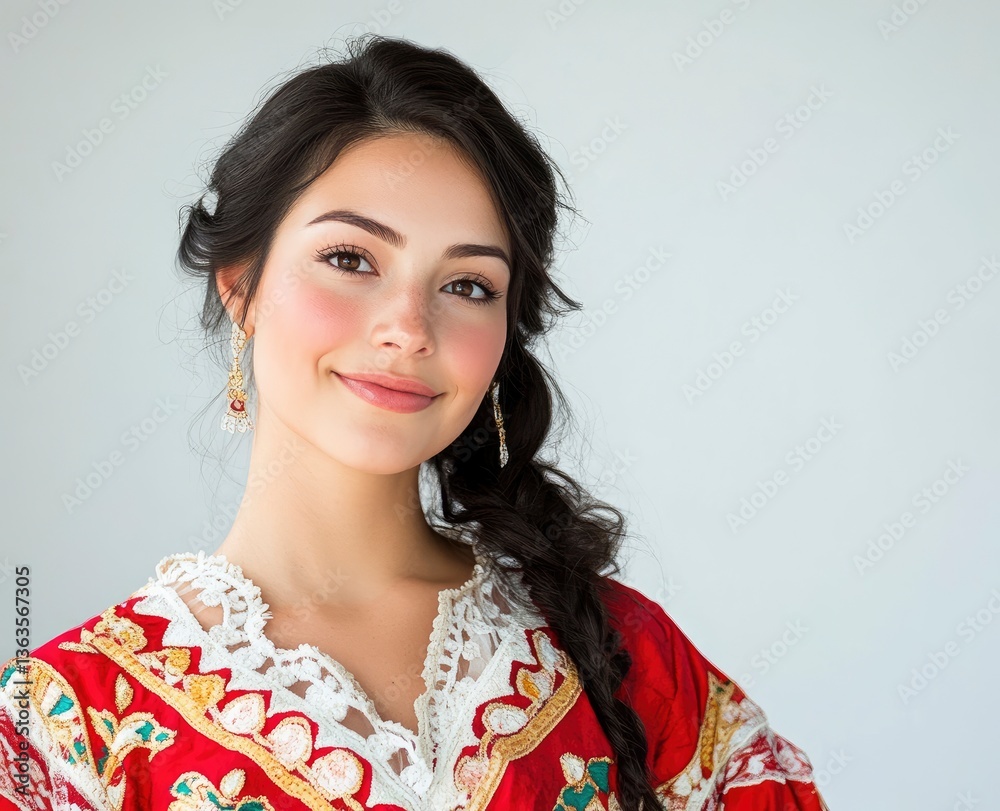 Smiling Woman Wearing Traditional Dress with Intricate Embroidery and Earrings Smiling Woman Wearing Traditional Dress with Intricate Embroidery and Earrings