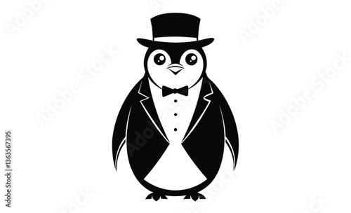 Penguin in tuxedo hat art silhouette, Penguin in Tuxedo Hat and Bow Tie on Rock Vector Illustration 