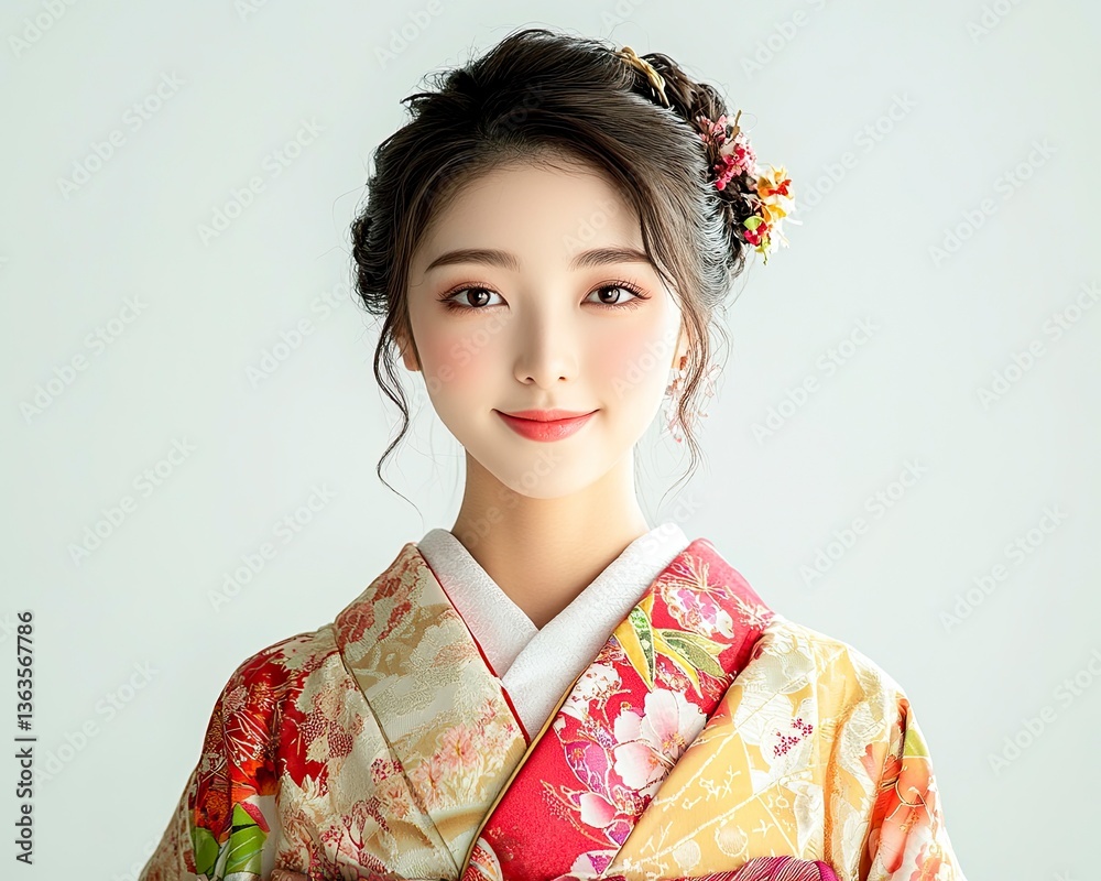 Portrait of a Smiling Woman Wearing a Kimono with Floral Details Portrait of a Smiling Woman Wearing a Kimono with Floral Details