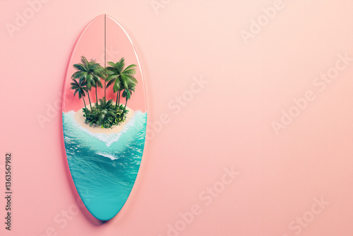 A surfboard featuring a tropical island, beach, and palm trees, symbolizing a creative summer vacation concept, set against a smooth pink background.