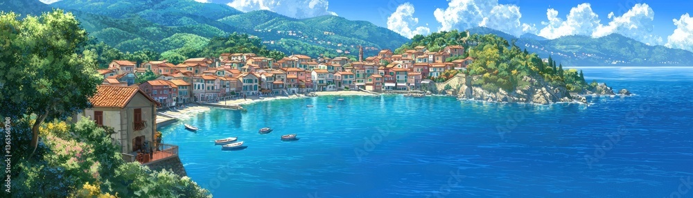 Fototapeta premium Coastal Town Seaside View Sunny Day Stock Photo