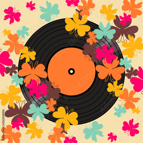 Vinyl disk retro style illustration vector art decor design 70s, 80s, 90s music pattern	
