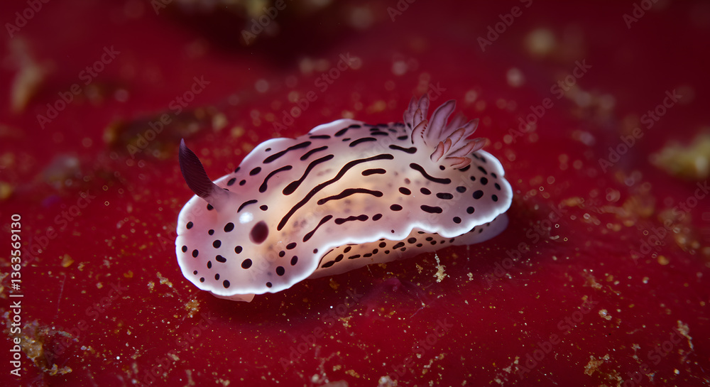 Obraz premium Detailed sea slug on vivid red sponge showcasing underwater life and vibrant marine ecosystem