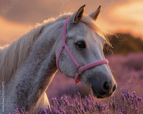 Majestic white horse with pink halter standing in a lavender field at sunset photo