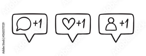 follower notification for Social media network signs. Icon comment, like, follower doodle hand drawn icon. Outline drawing line clipart symbol