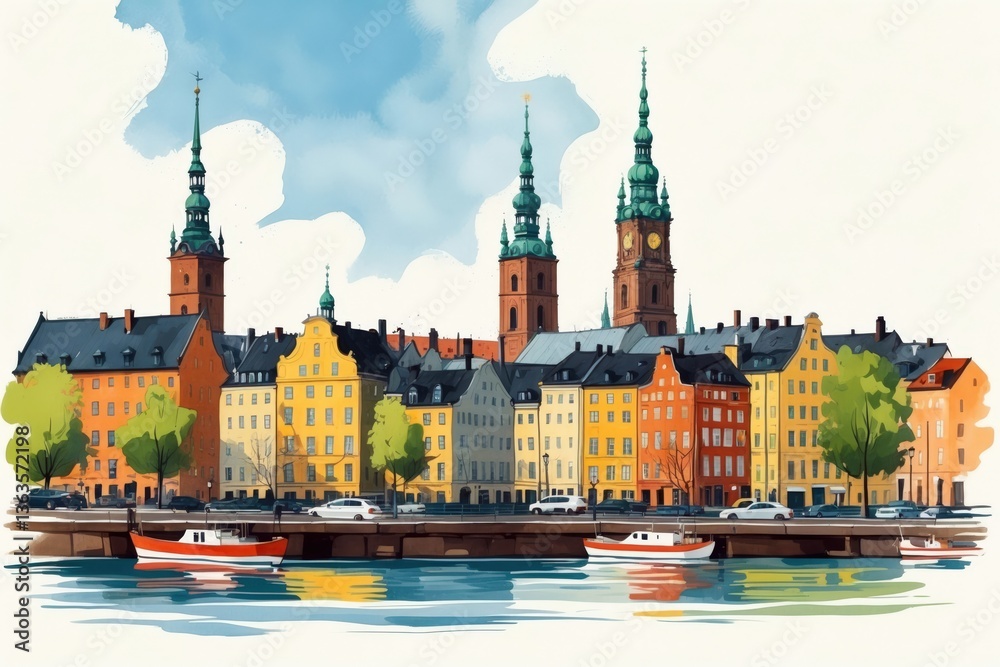 Fototapeta premium Colorful waterfront buildings and spires in a peaceful urban landscape during a sunny day
