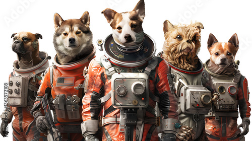 A group of adorable dogs dressed in astronaut suits.