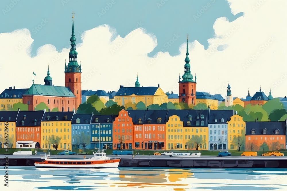 Fototapeta premium Vibrant cityscape along the waterfront showcasing historic architecture and colorful buildings under a clear sky
