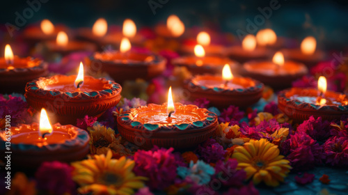Traditional Diwali diya lamps glowing among colorful floral decorations.  