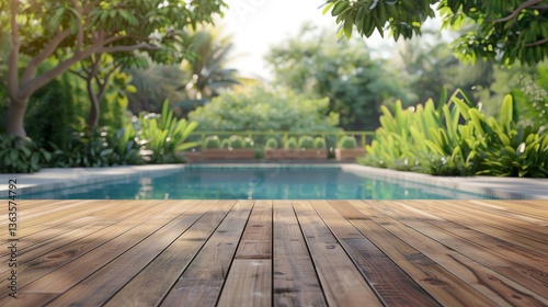 Swimming pool with a wooden deck in the middle of it, surrounded by lush greenery and trees in the background, Tropical background for your products presentation.
