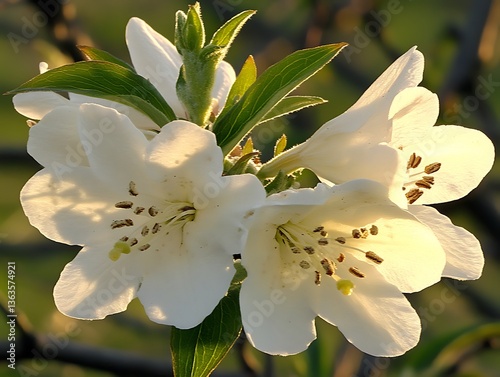 Beautiful white flowers with green leaves illuminated by the sunlight