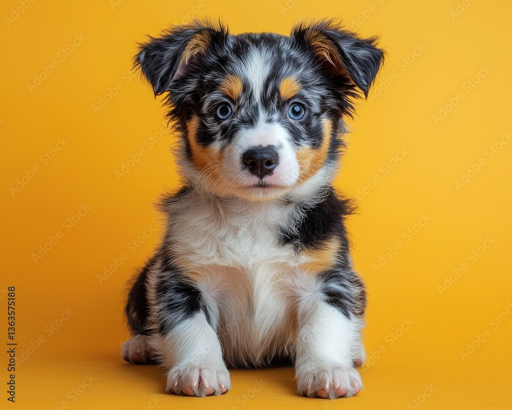 Adorable puppy with striking blue eyes sitting against a vibrant yellow backdrop Adorable puppy with striking blue eyes sitting against a vibrant yellow backdrop
