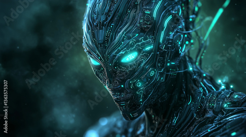 A highly detailed close-up of a cybernetic alien with glowing circuitry integrated into its organic form.