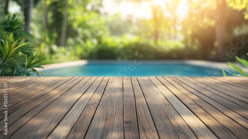 Swimming pool with a wooden deck in the middle of it, surrounded by lush greenery and trees in the background, Tropical background for your products presentation.