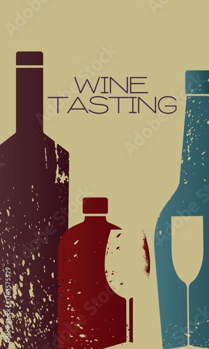 Vector design wine list, bar menu, wine tasting. Outline drawing of alcohol bottle, glasses, grunge style