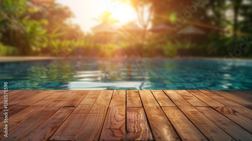 Swimming pool with a wooden deck in the middle of it, surrounded by lush greenery and trees in the background, Tropical background for your products presentation.
