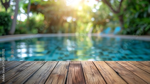 Swimming pool with a wooden deck in the middle of it, surrounded by lush greenery and trees in the background, Tropical background for your products presentation.