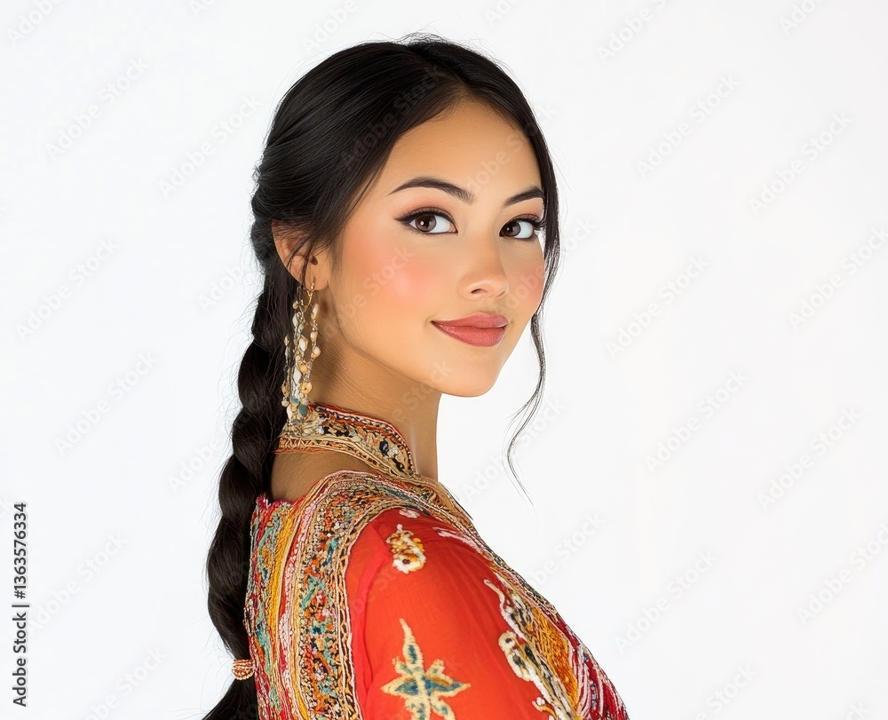 Smiling Woman in Traditional Dress and Braid Poses Against White Background Smiling Woman in Traditional Dress and Braid Poses Against White Background