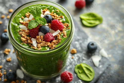 Healthy green spinach smoothie topped with granola and fruits. Nutritious breakfast in jar, healthy lifestyle, and organic food.  