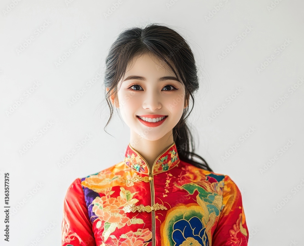 Smiling Woman Wearing Traditional Chinese Clothing Against a Bright Background Smiling Woman Wearing Traditional Chinese Clothing Against a Bright Background