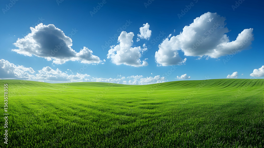 Naklejka premium Rolling green field under a blue sky with fluffy white clouds