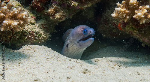 Intriguing moray eel portrait emerging from sandy seabed habitat amidst coral reef
