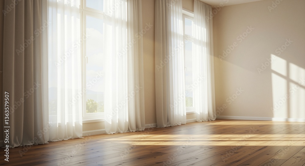 Obraz premium Bright,airy room with sheer white curtains and sunlit wooden floor conveying a sense of freshness and renewal representing a clean, serene space perfect for post-winter detox