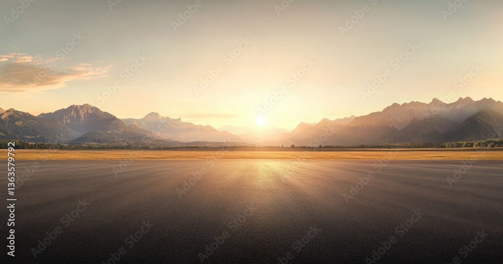 Fototapeta premium Empty asphalt runway extending into a majestic mountain landscape at sunrise
