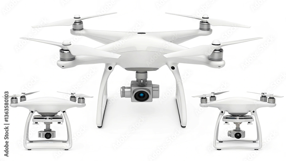 Quadrocopter drone displayed against white backdrop, sharp studio focus. AI generated Quadrocopter drone displayed against white backdrop, sharp studio focus. AI generated