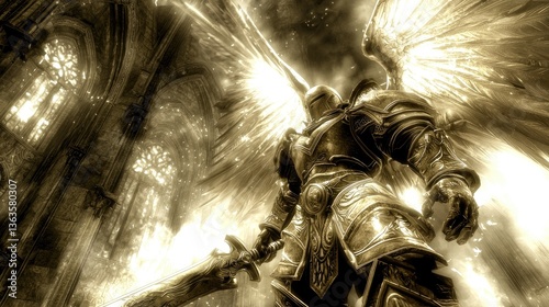 Winged knight with sword stands in castle interior with light shining down. Use fantasy illustration
