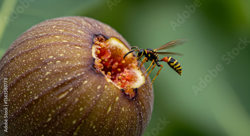 Fig wasp poised at the opening of a ripe syconium fruit in nature