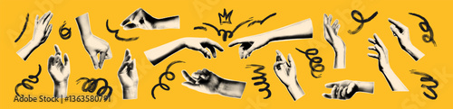 Hands gestures halftone collage elements set with scribbles. Paper clipping shapes, cut out hands reaching out in touch, holding something. Modern retro vector illustration for mixed media design