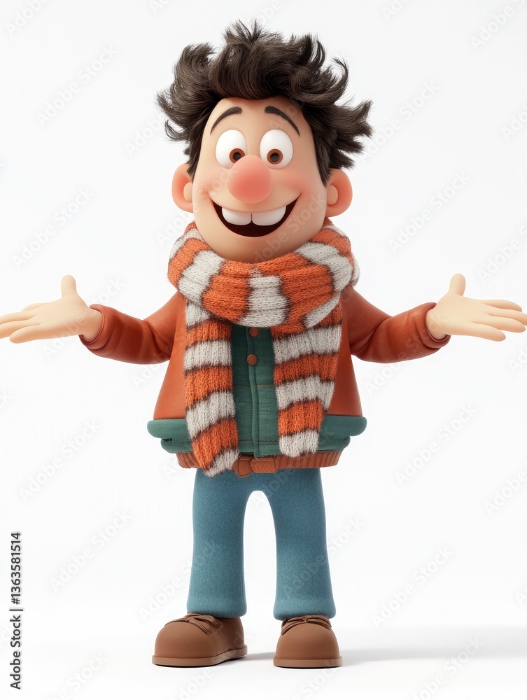 Cartoon Character with Scarf Smiling and Presenting with Open Arms Cartoon Character with Scarf Smiling and Presenting with Open Arms
