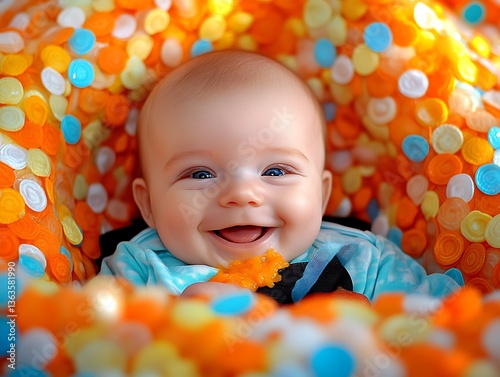 A smiling baby is nestled amidst colorful and abstract shapes