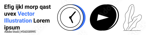 Minimalist layout with a clock face, play icon, stylized plant, and text. Ideal for time management, video content, modern aesthetics, branding, learning media simple landing page