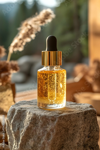 Serum bottle with dropper on rock, against blurred natural backdrop with greenery