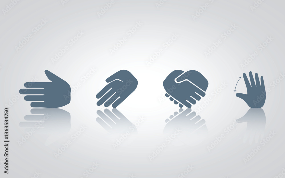 Obraz premium Hand gesture icons. hands, hand shaking, sizes, with grey color, with a silver background