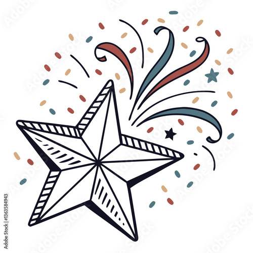 Decorative star with colorful bursts and swirls  
