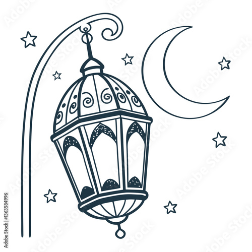Decorative lantern under crescent moon and stars  