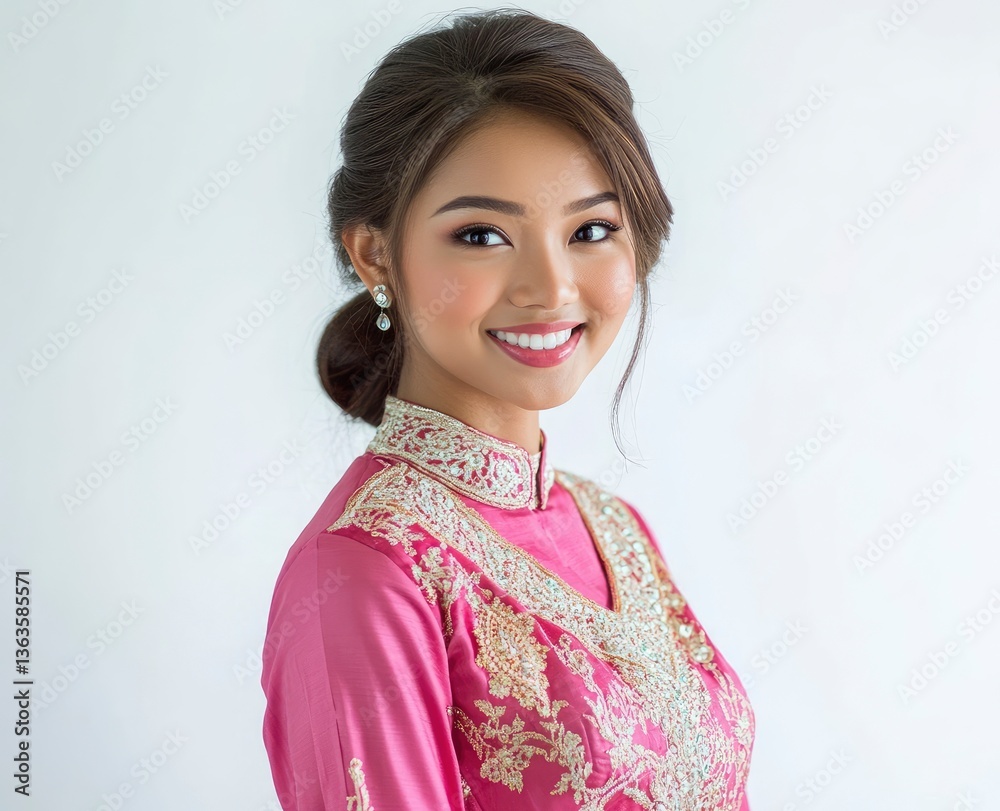 Smiling Asian Woman Portrait Wearing Traditional Pink Dress with Gold Embroidery Smiling Asian Woman Portrait Wearing Traditional Pink Dress with Gold Embroidery
