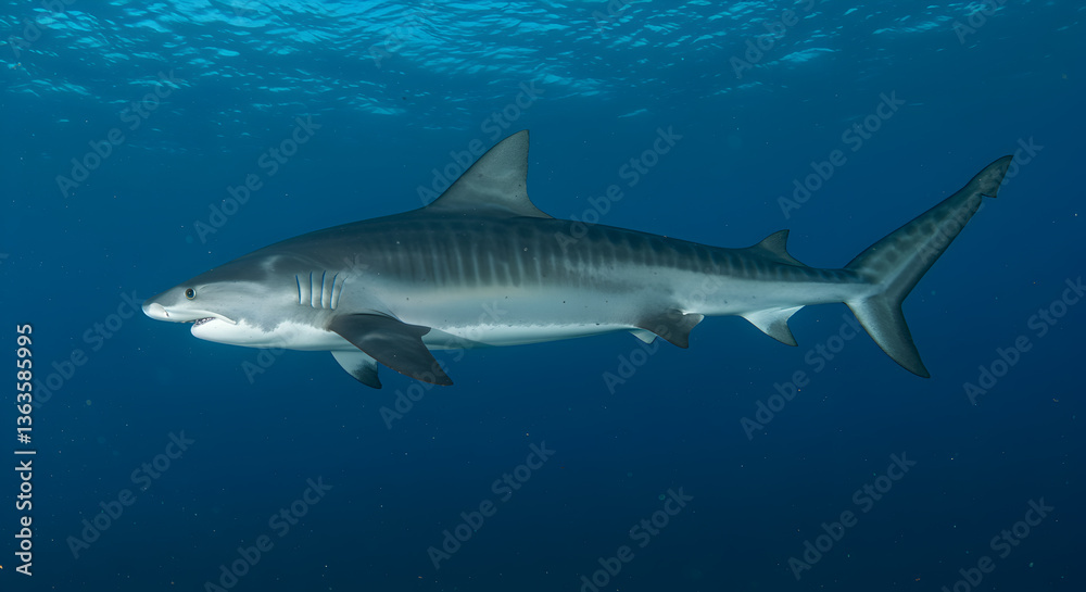 Fototapeta premium Majestic Tiger Shark Glides Gracefully Through Deep Blue Ocean Waters Habitat