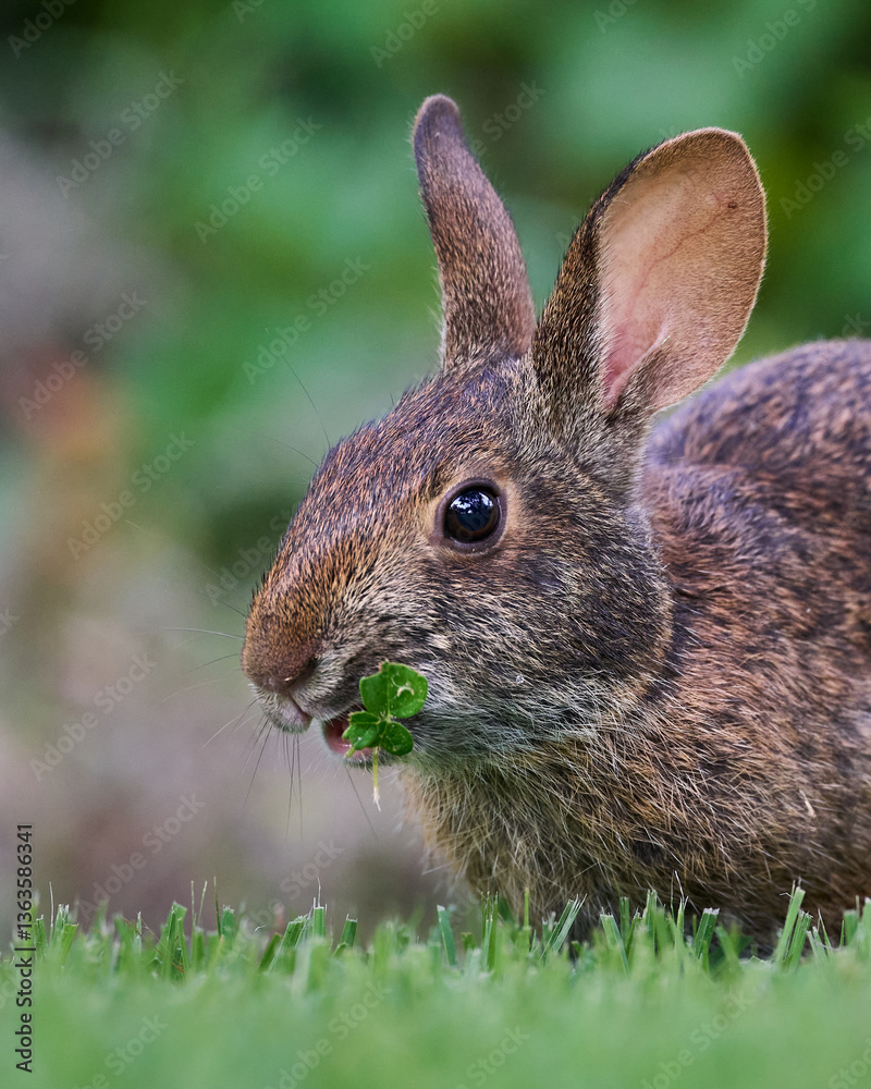 Fototapeta premium Eastern Cottontail Rabbit (S. floridanus) eating grass, close-up shot of face and ears and front half of body, sitting on a patch of grass, with green trees in blurred background.