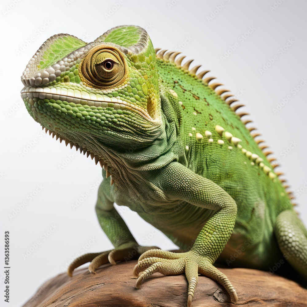 Fototapeta premium Close-Up of Vibrant Green Chameleon with Detailed Scales in Exotic Macro Wildlife Photography, Reptile, Skin Texture