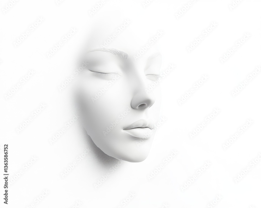 White Human Face with Closed Eyes Artistic Portrait on White Background White Human Face with Closed Eyes Artistic Portrait on White Background