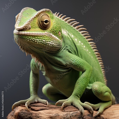 Close-Up of Vibrant Green Chameleon with Detailed Scales in Exotic Macro Wildlife Photography, Reptile, Skin Texture
