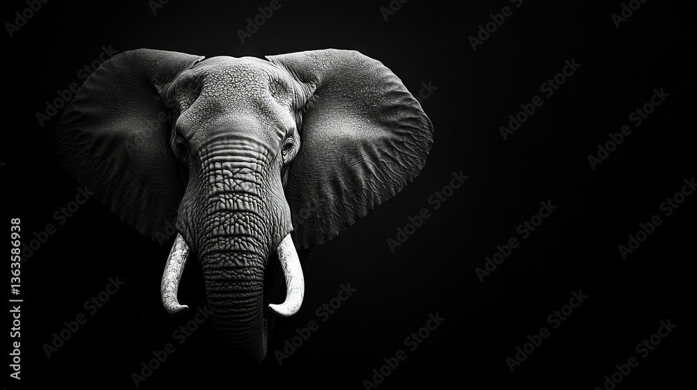 Fototapeta premium Black & White photo of an elephant with tusks on its ears